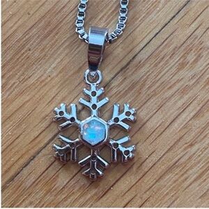 Silver Snowflake Pendant Necklace with Opal Center